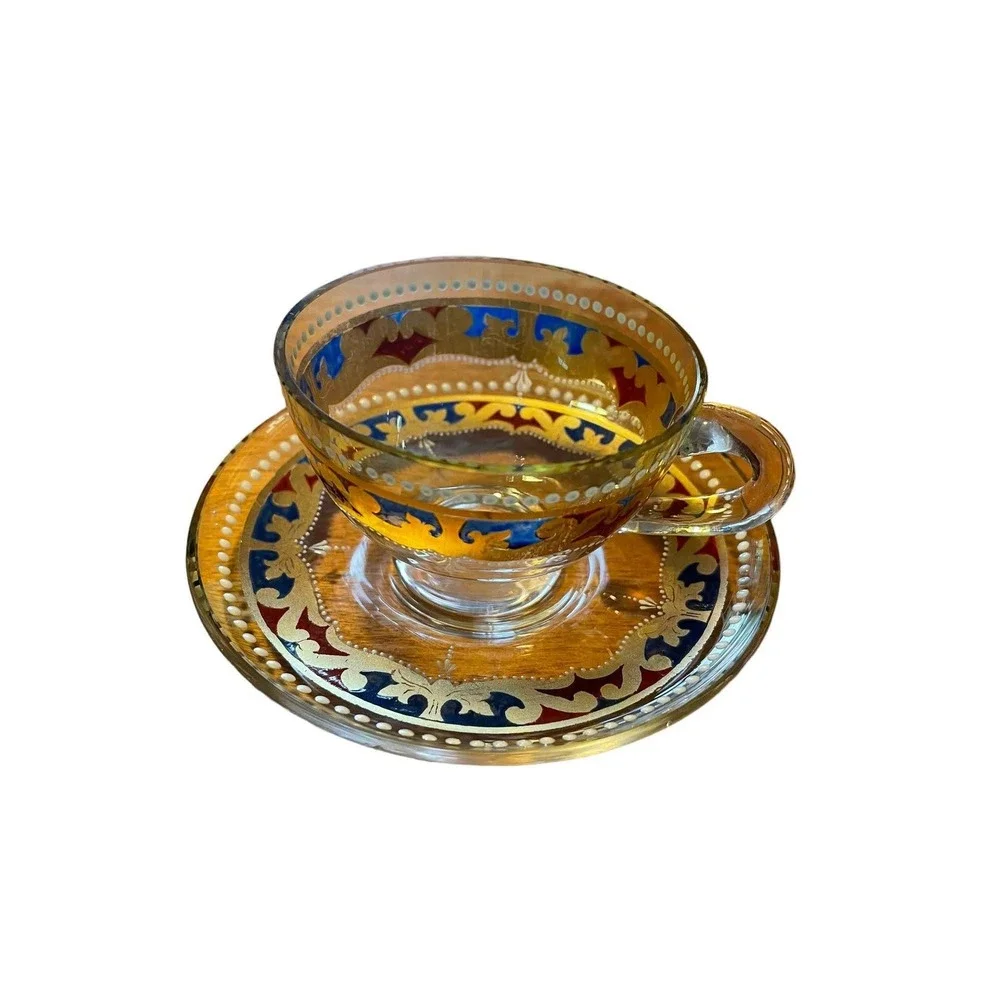 Vintage Murano Teacup Saucer Set Amber Gold Hand Painted Venetian Glass Italy
